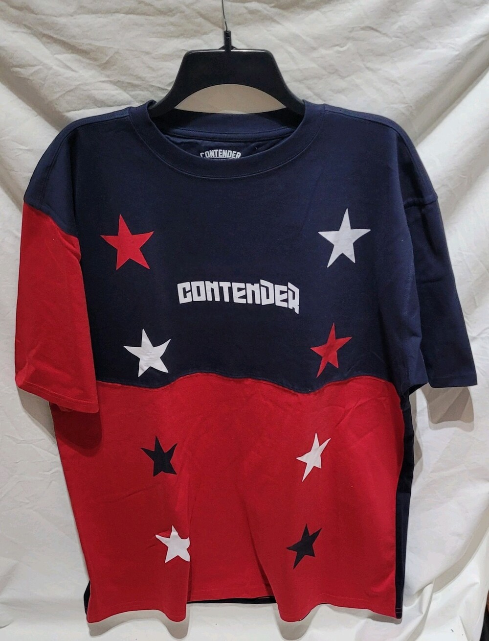 Contender Shirt Mens L Navy Red Star Graphic All Over Print Patriotic Crewneck